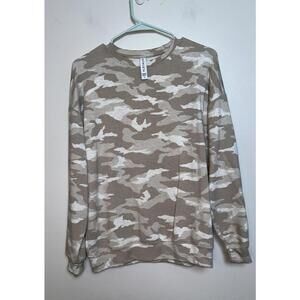 Athleta‎ Camo Pullover SMALL Cream Tan Sweatshirt Crew Neck Balance Long Sleeve